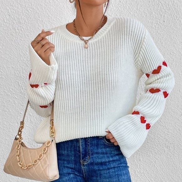 White Casual Womens Heart Pattern Flare Sleeve Sweater - Picture 4 of 5